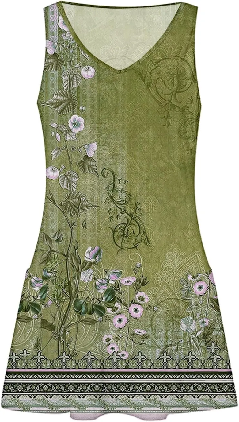 Women's Summer Dresses 2025 Beach Casual Sleeveless Floral Print Boho Tank Dress V Neck Ruffle Dresses