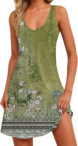Women's Summer Dresses 2025 Beach Casual Sleeveless Floral Print Boho Tank Dress V Neck Ruffle Dresses