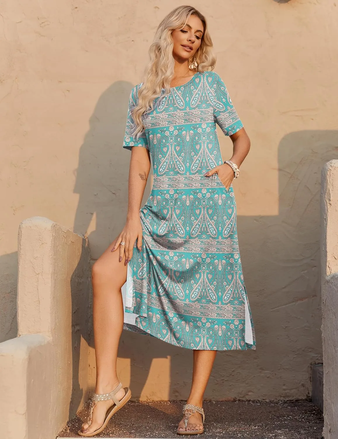 Zeagoo Women Floral Summer Dress Casual Beach Dress Printed T Shirt Dress Split Long Dress Travel 2025 Vacation Dress