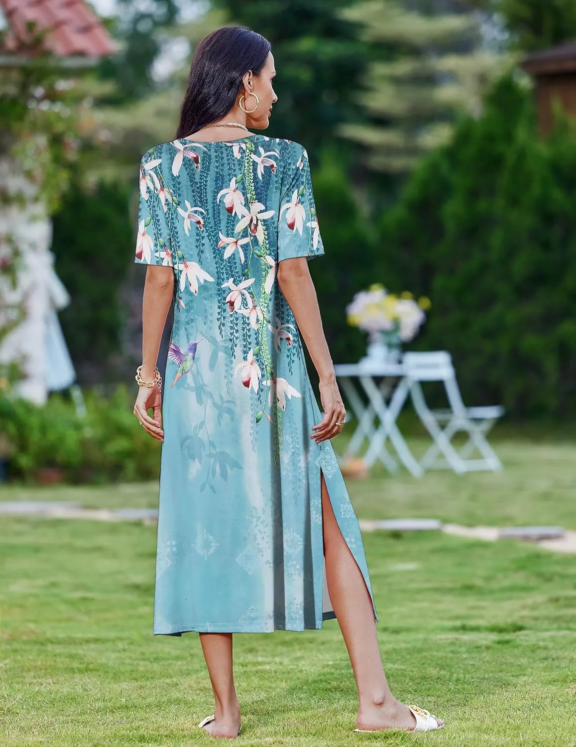 Zeagoo Women Floral Summer Dress Casual Beach Dress Printed T Shirt Dress Split Long Dress Travel 2025 Vacation Dress