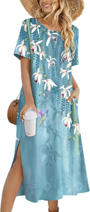 Zeagoo Women Floral Summer Dress Casual Beach Dress Printed T Shirt Dress Split Long Dress Travel 2025 Vacation Dress