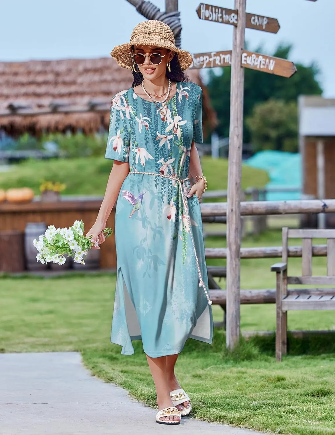 Zeagoo Women Floral Summer Dress Casual Beach Dress Printed T Shirt Dress Split Long Dress Travel 2025 Vacation Dress