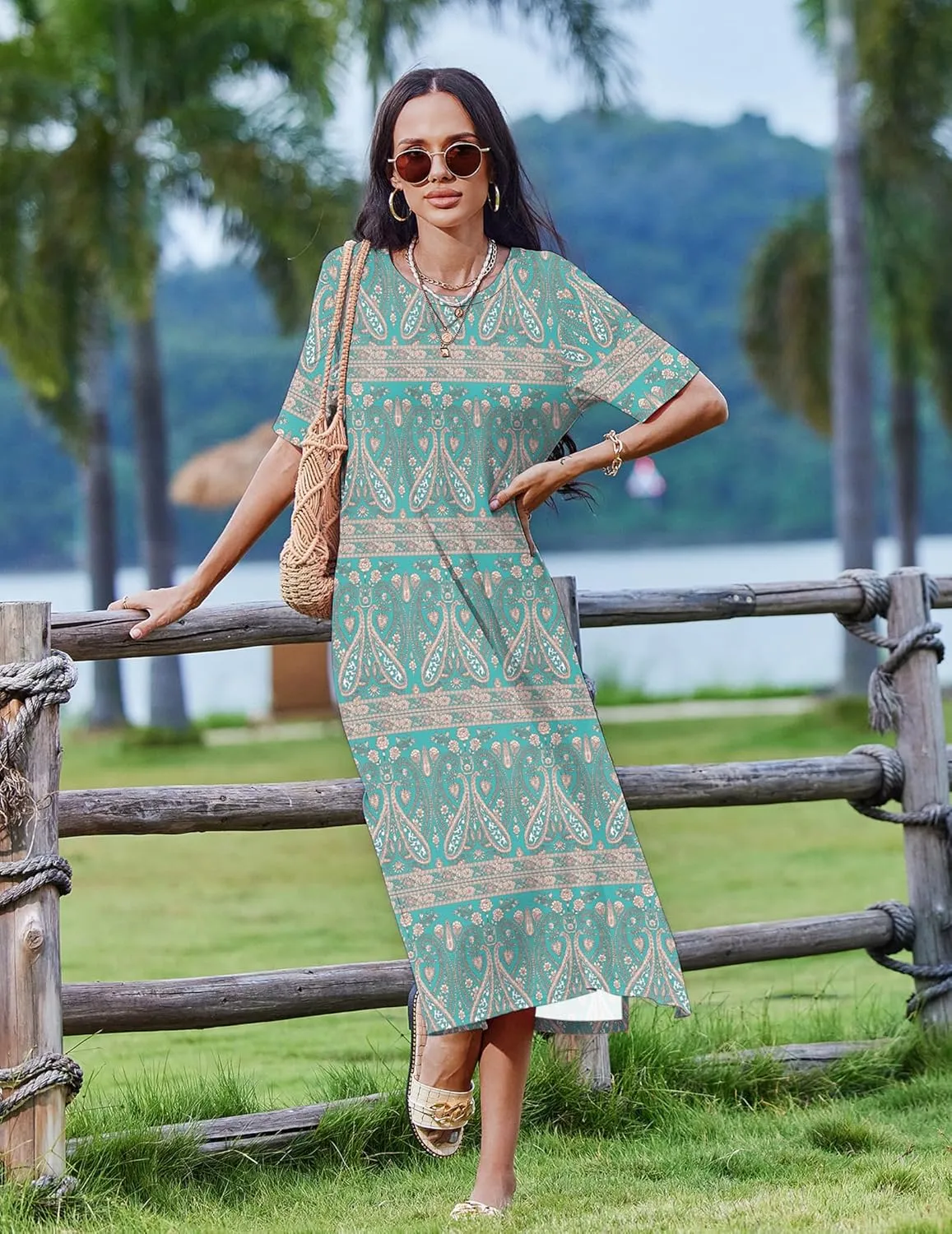 Zeagoo Women Floral Summer Dress Casual Beach Dress Printed T Shirt Dress Split Long Dress Travel 2025 Vacation Dress