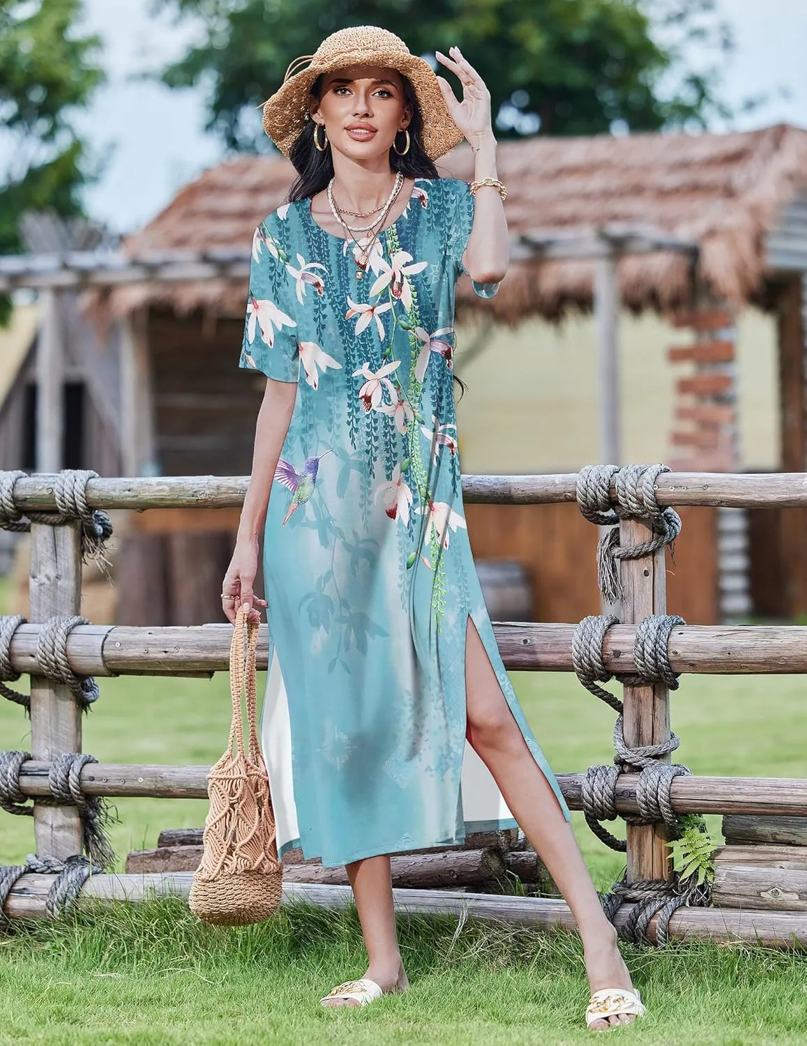 Zeagoo Women Floral Summer Dress Casual Beach Dress Printed T Shirt Dress Split Long Dress Travel 2025 Vacation Dress