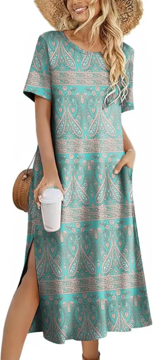 Zeagoo Women Floral Summer Dress Casual Beach Dress Printed T Shirt Dress Split Long Dress Travel 2025 Vacation Dress